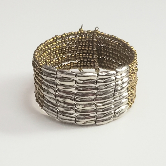 Elegant Layered Silver and Gold Seed Bead Cuff Bracelet - Picture 2 of 7